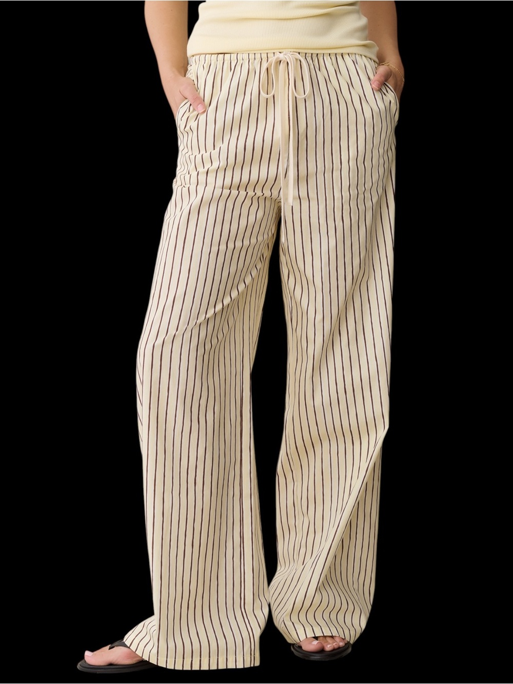 Few Moda Caara Wide Leg Drawstring Stripe Pants PJs Yellow Brown NWT